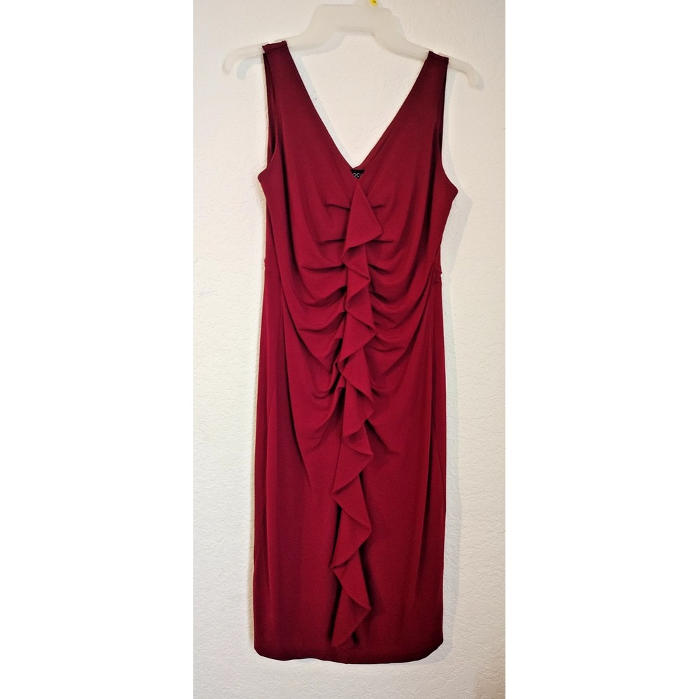 Enfocus Studio Red V-Neck Dress Size 6 Elegant Stretchy Ruffles